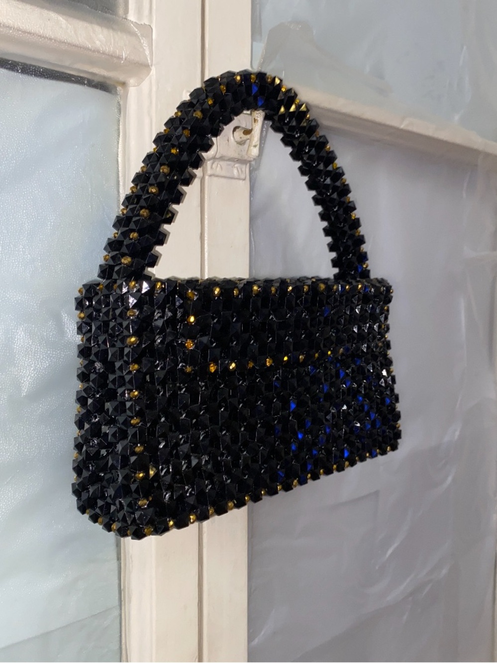 Handmade Black Studded Beaded Top-Handle Bag women's clutch